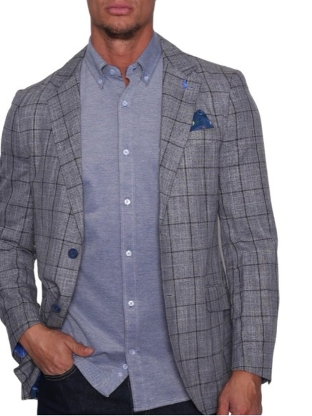 NWT Tailorbyrd Grey navy Windowpane Sport Coat with Navy Buttons size 48R